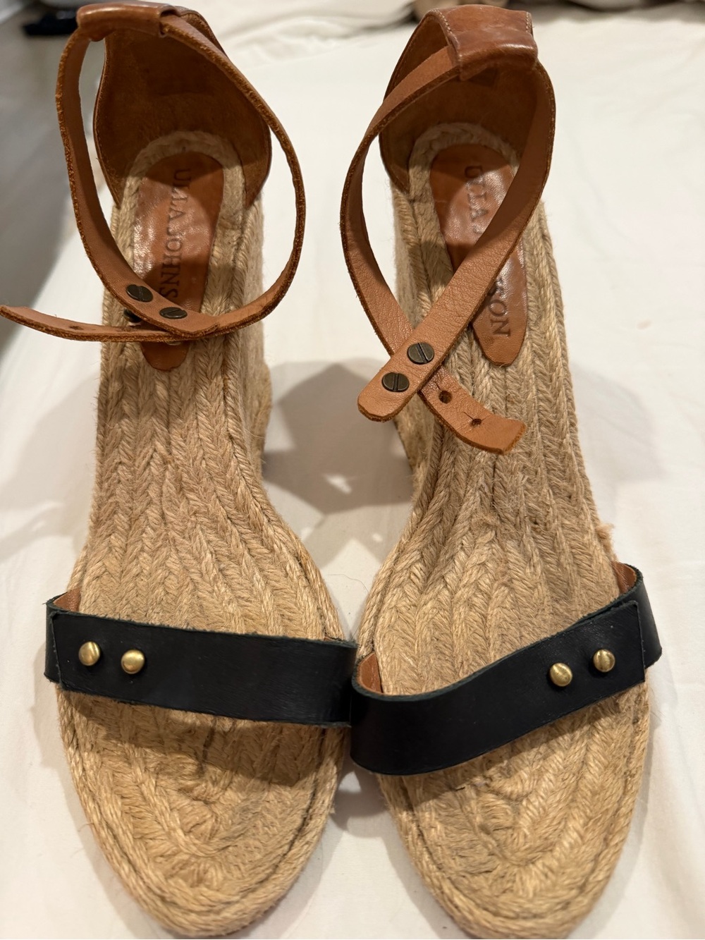 Ulla Johnson Brown Leather Ankle Espadrille Wedges with Black Toe Band - Picture 2 of 7